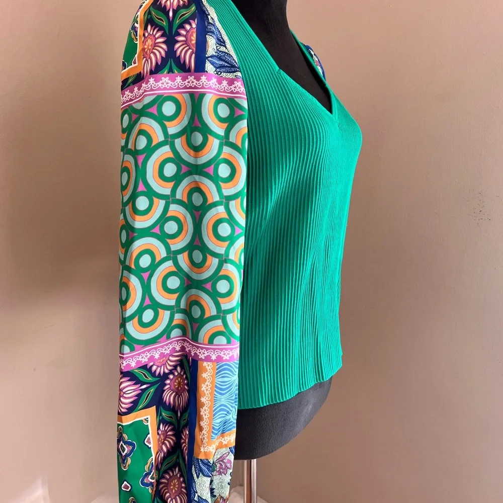 Bailey 44 Green Ribbed Knit Boho Satin Ballon Sleeves Top sz XL - Picture 5 of 12